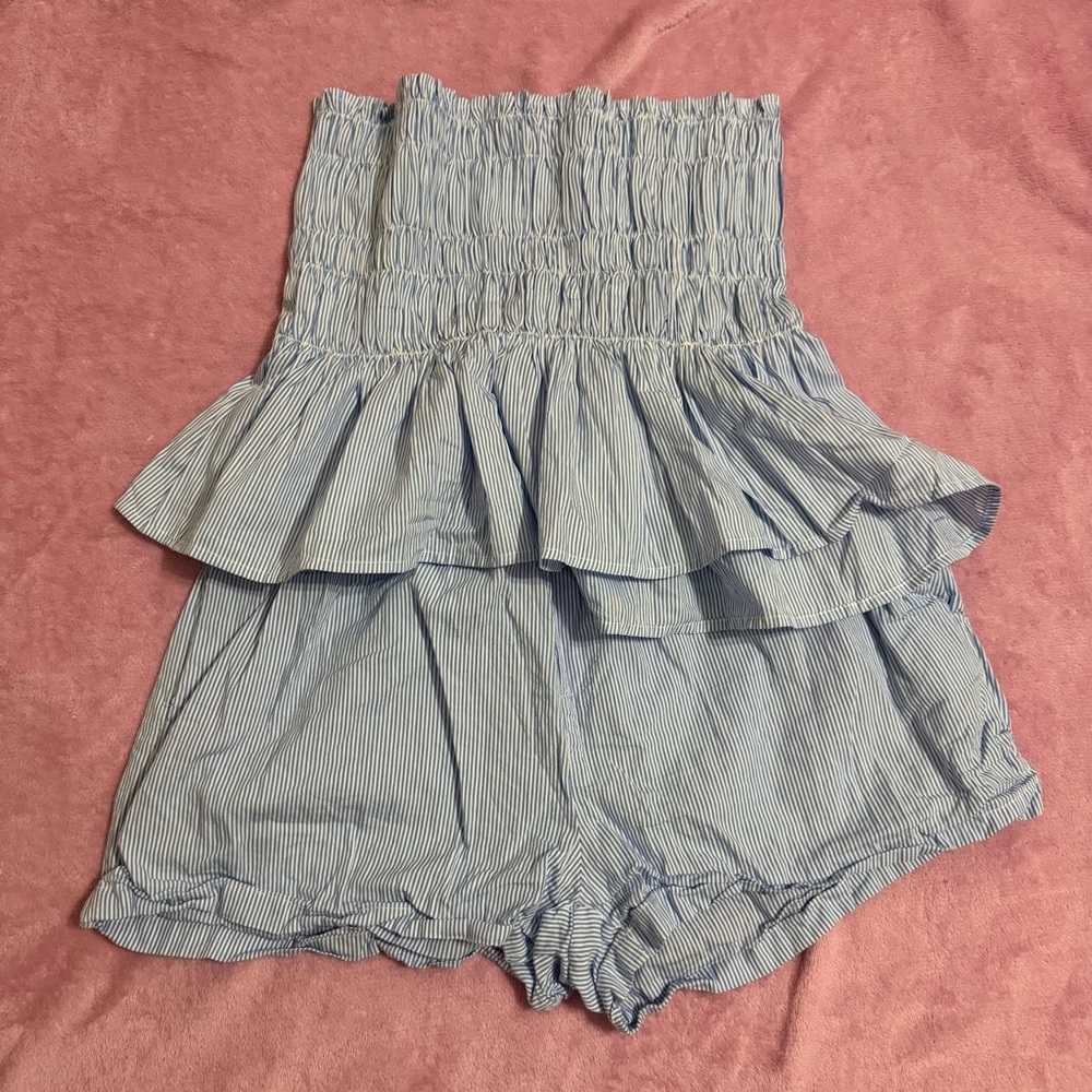 Blue Striped Women's Ruffle Shorts set
